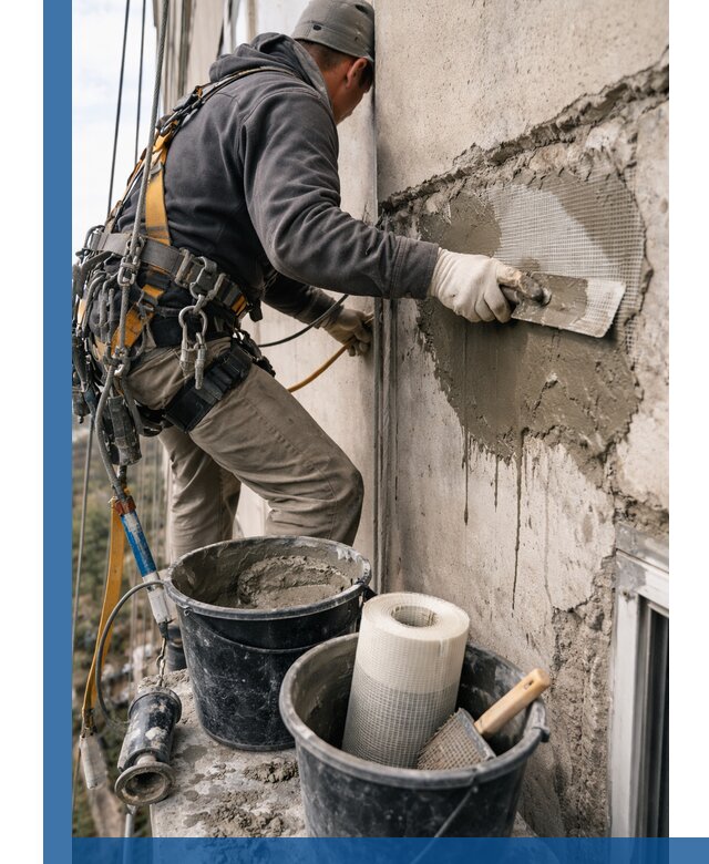 Ремонт бетонных элементов фасада промышленными альпинистами в Шатуре