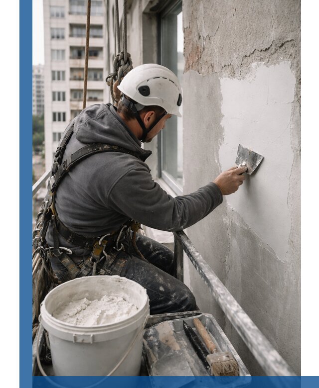 Шпаклевка фасадов на высоте с промальпинистами в Шатуре