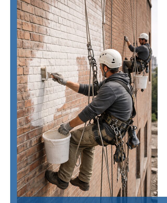 Покраска кирпичного фасада с доступным альпинистским сервисом в Шатуре