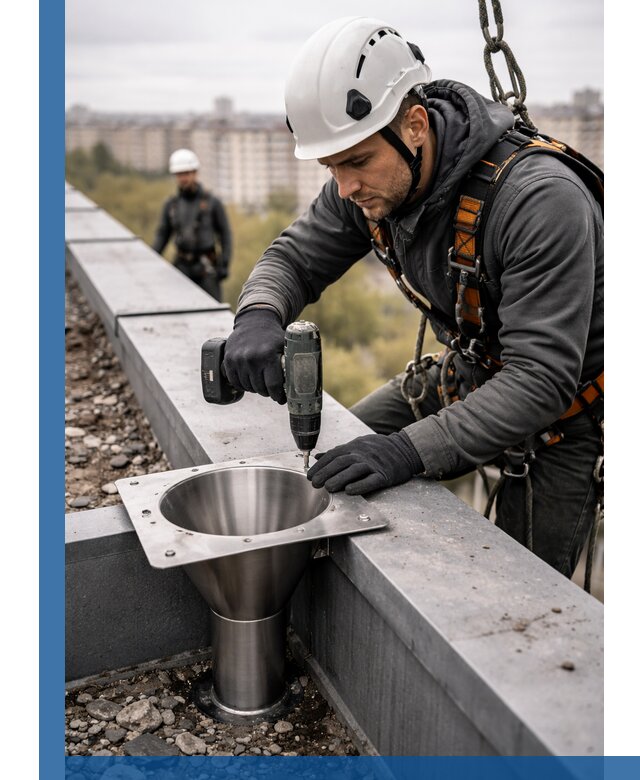 Монтаж водосточных воронок в Шатуре для промышленных зданий