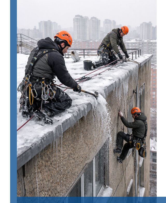 Удаление наледи с кровли в Шатуре промышленными альпинистами