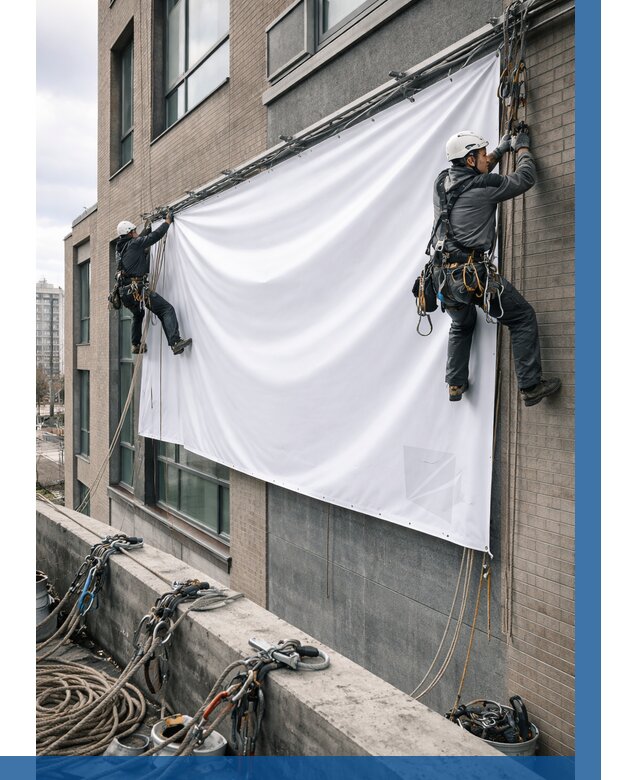 Монтаж баннеров на фасаде в Шатуре от 666 р. заказать ВЫСОТНИК-Штр