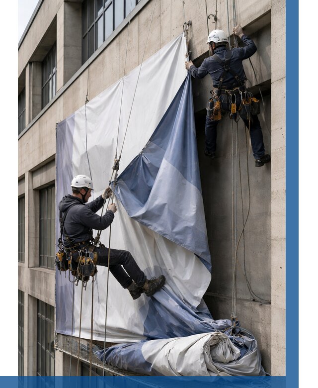 Демонтаж баннеров с фасада в Шатуре от 4610 р. | ВЫСОТНИК-Штр