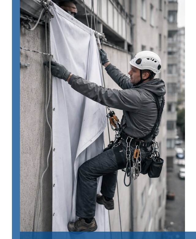 Замена баннерного полотна промышленными альпинистами в Шатуре