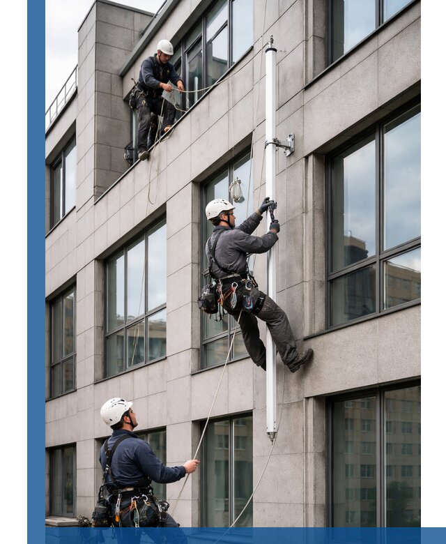 Монтаж флагштока на фасаде здания с креплением и герметикой в Шатуре