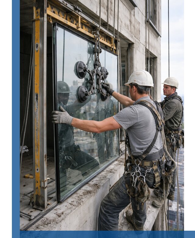 Монтаж стеклопакетов на высоте в Шатуре с промышленным альпинизмом