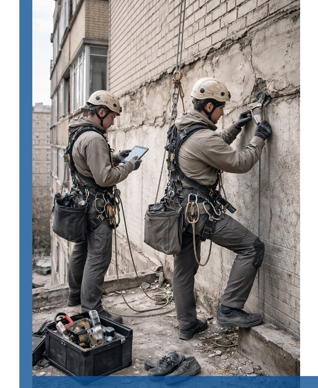 Обследование фасада промышленными альпинистами в Шатуре